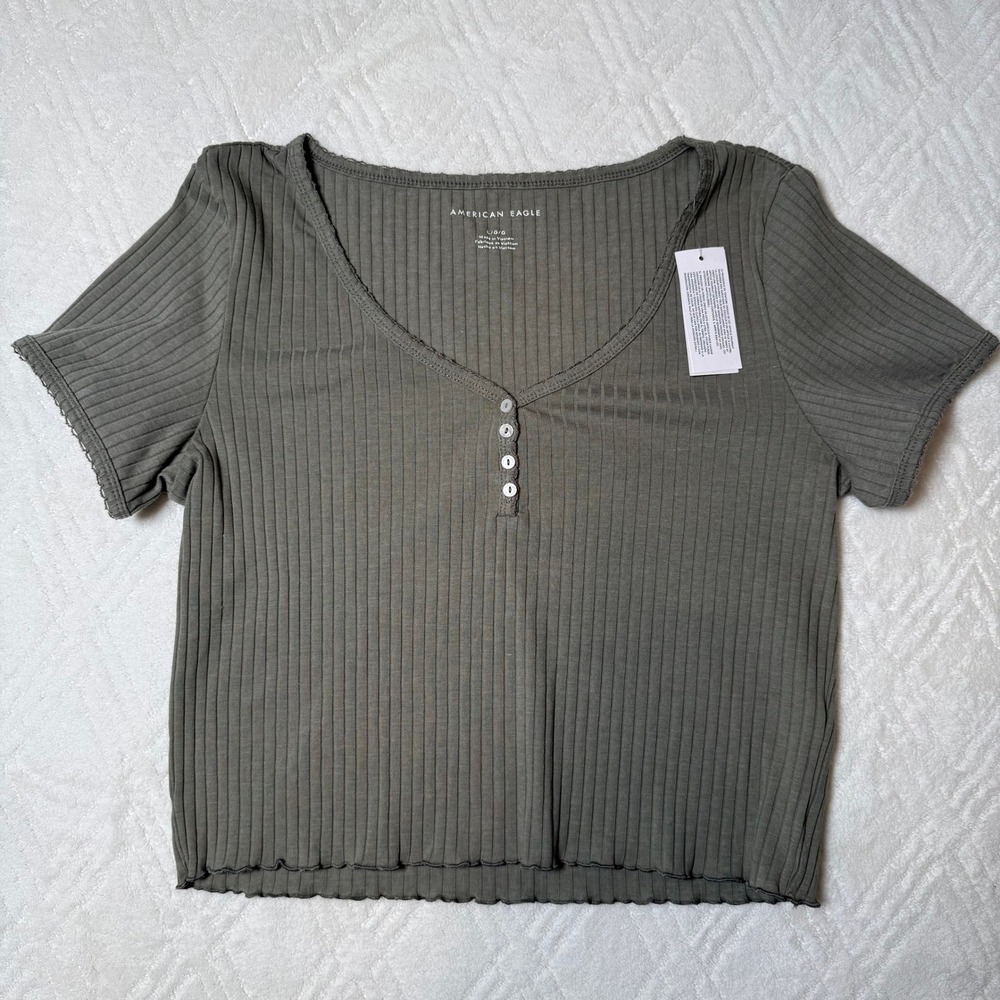 Y2K Ribbed American Eagle Olive Green Henley Tee Top Large NWT